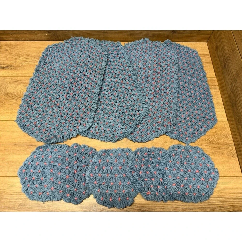 Vintage Hand Crocheted Placemats & Pot Holders Blue & Pink- Lot of 9 Pcs
